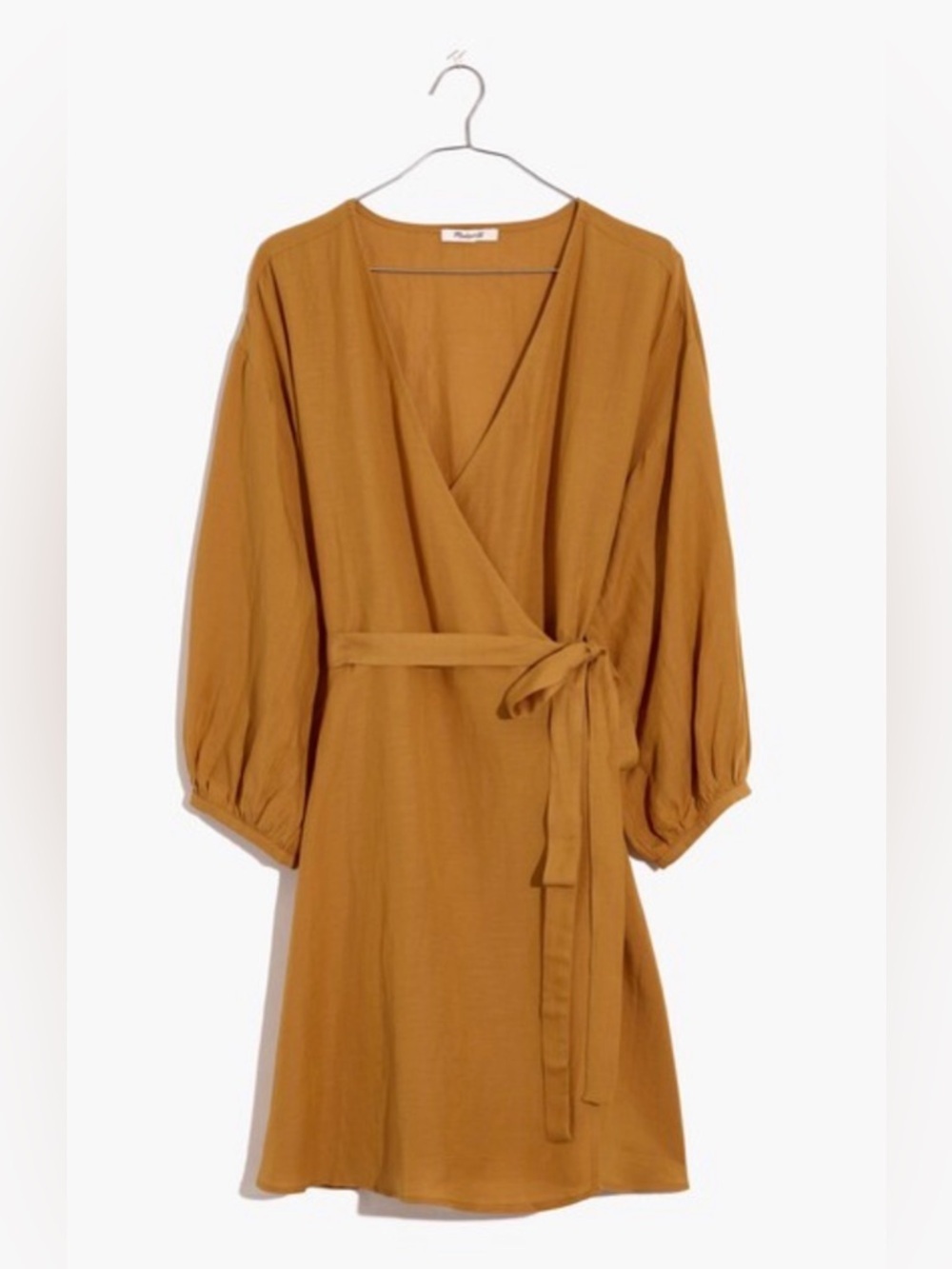 Madewell Linen-Blend Baloon Sleeve Wrap Dress in Toffee,Small